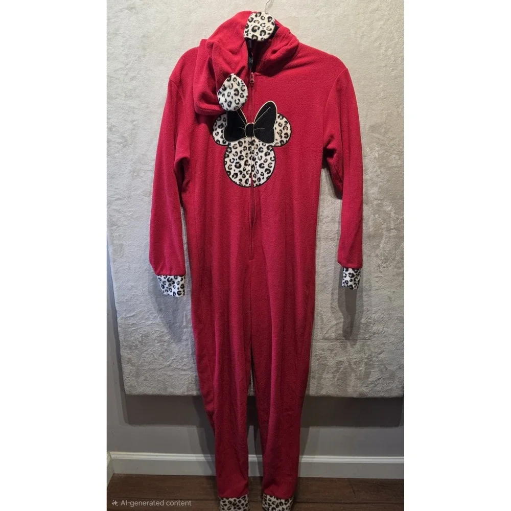 Disney Adult Minnie Mouse Red & Leopard Fleece 1 Pc Jumpsuit Pajamas Hood Size M - Picture 4 of 10